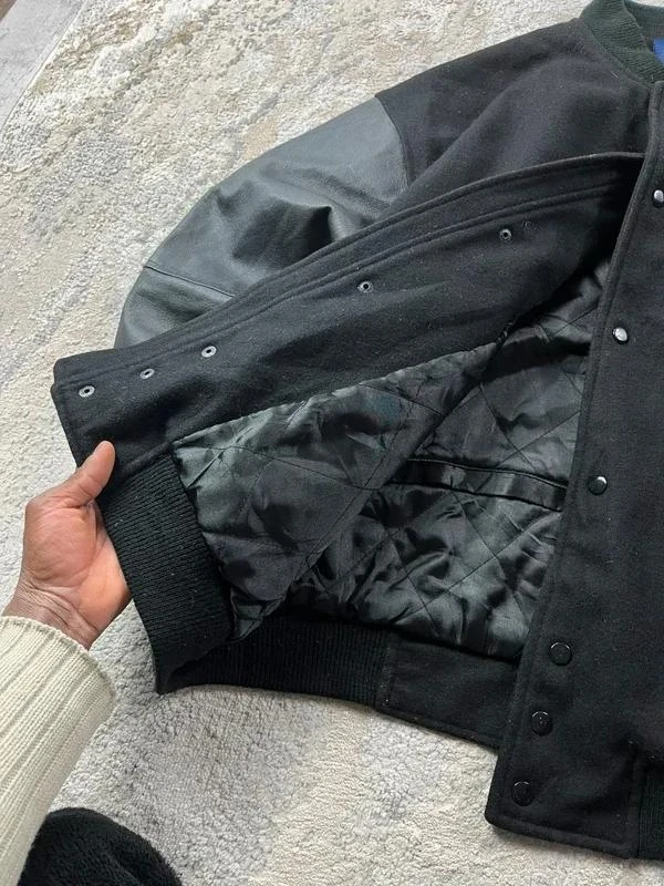 Vintage Men's Embroidered Black Red Varsity Leather Sleeves Bomber Wool Jacket Si – photo 5